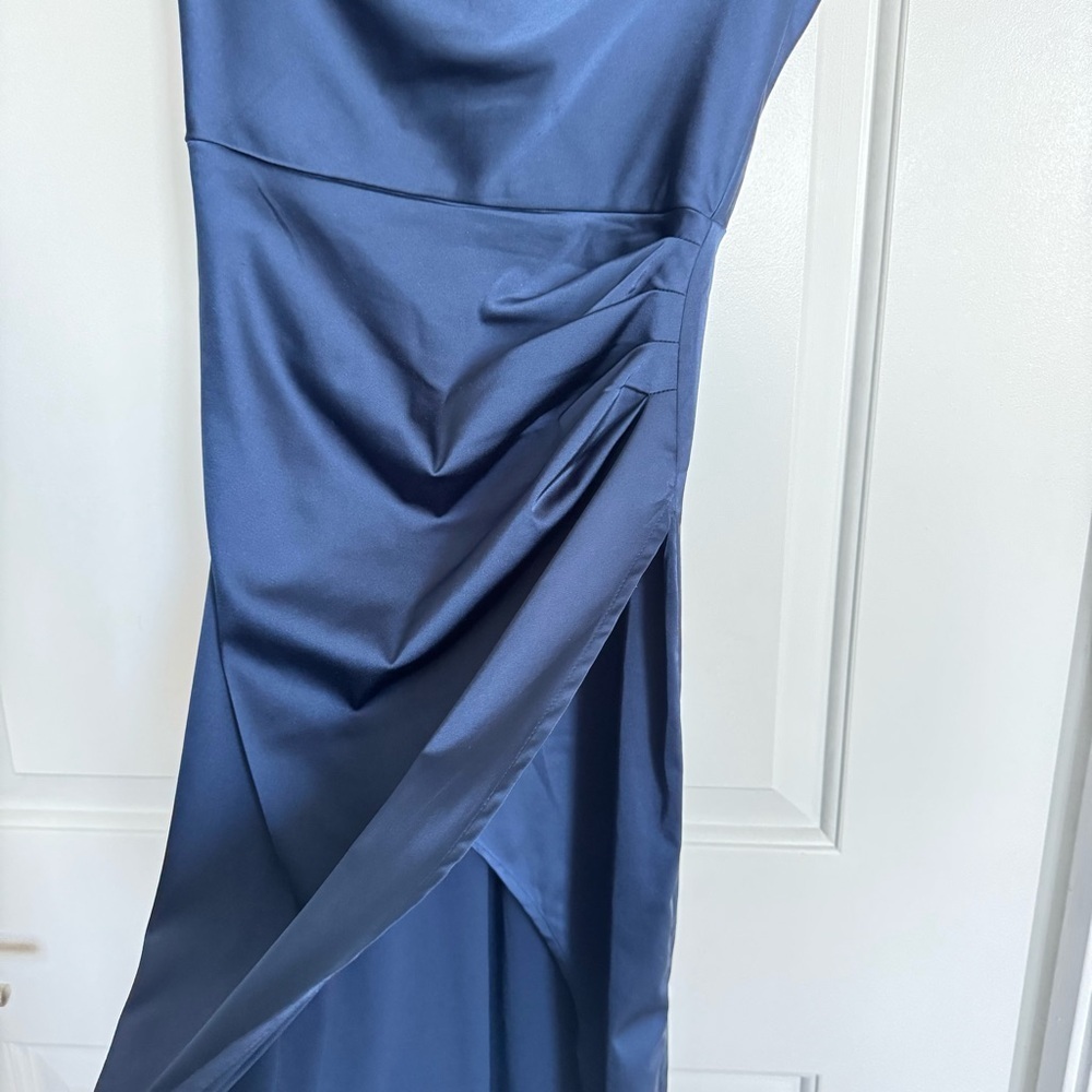 Abercrombie & Fitch Navy Blue Boat Cowl Neck Draped Ruched Maxi Dress Satin XS - Picture 9 of 10